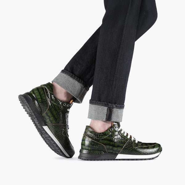 Men's Green Croc-Print Leather Sneaker