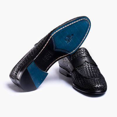 Men's Black Woven Leather Penny Loafer