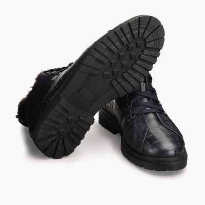Men's Blue Croc-Print Boot with Fur Lining