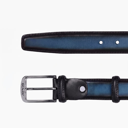 Men’s Dark Blue Patina Leather Belt - Buckle and Tip