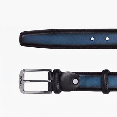 Men’s Dark Blue Patina Leather Belt - Buckle and Tip