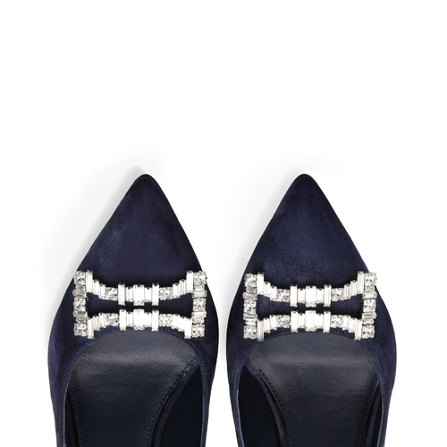 Women's Blue Suede Crystal Buckle Pump