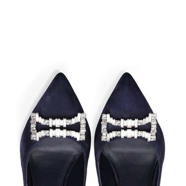 Women's Blue Suede Crystal Buckle Pump