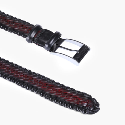 Men’s Burgundy Patina Braided Leather Belt - buckle and tip 