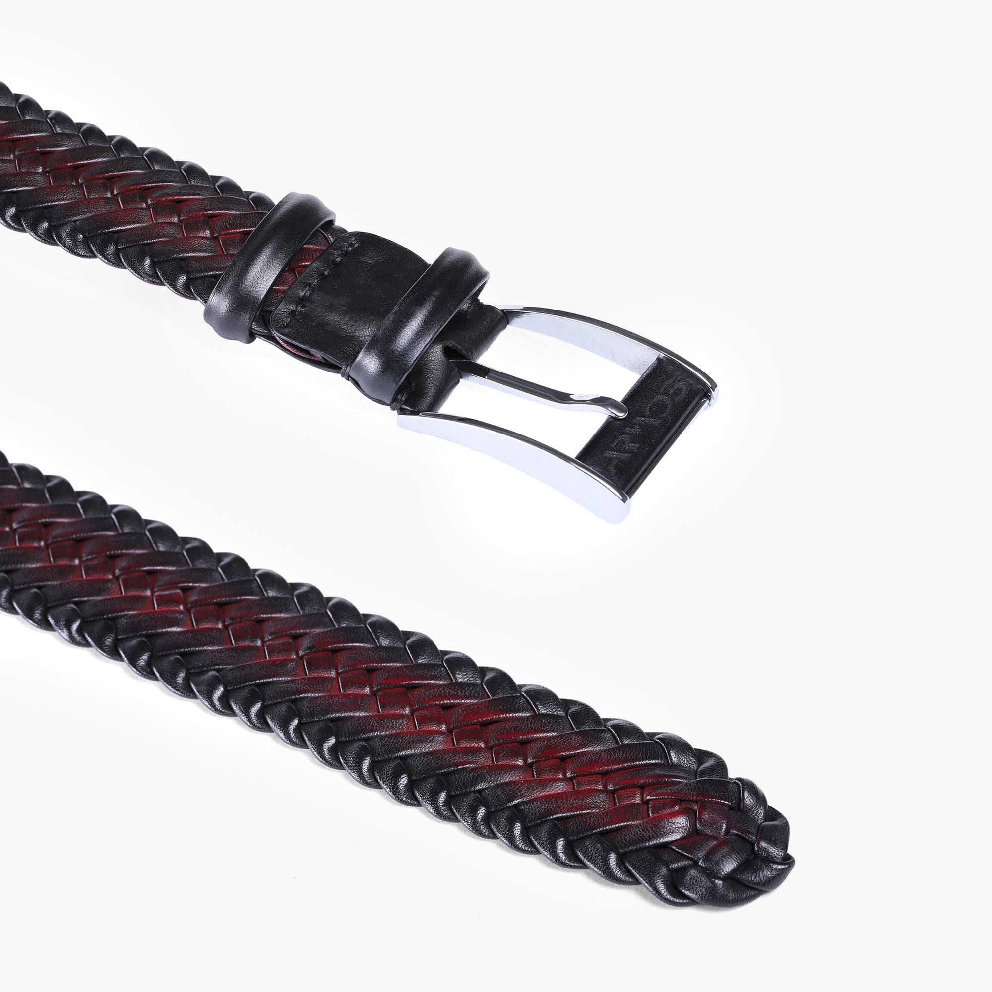 Men’s Burgundy Patina Braided Leather Belt - buckle and tip 