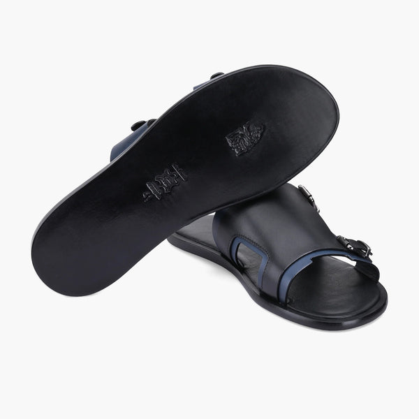 Men's Black & Blue Leather Slider Sandal