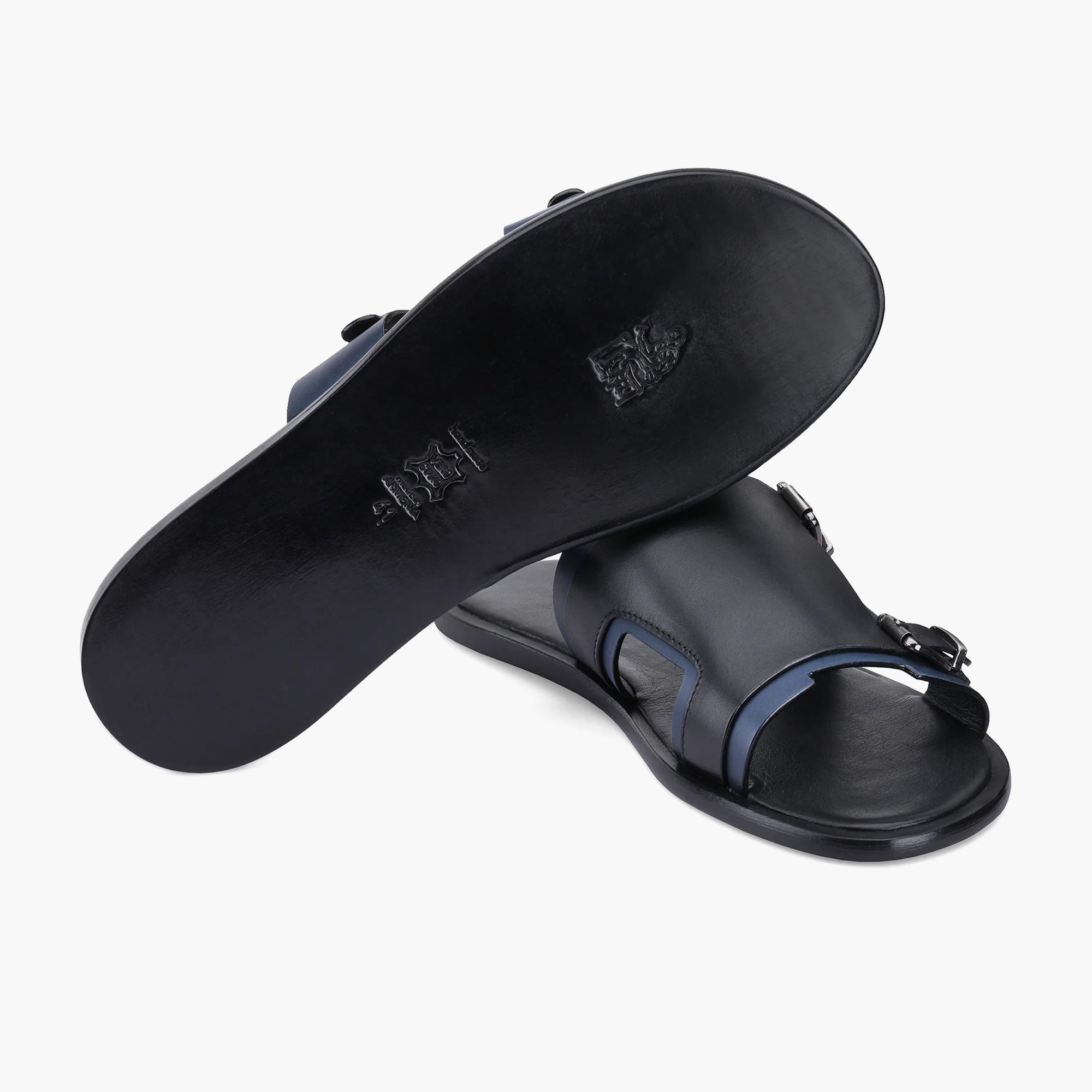 Men's Black & Blue Leather Slide Sandal