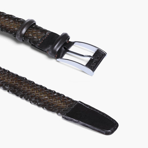 Men’s Khaki Patina Braided Leather Belt - buckle and tip