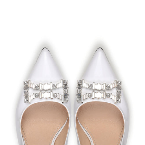 Women's White Patent Crystal Buckle Pump