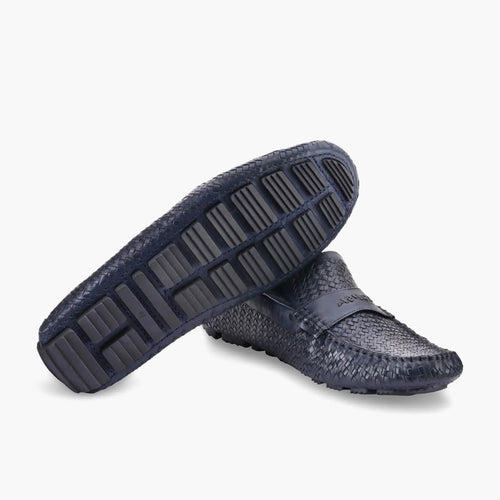 Men's Dark Blue Woven Leather Moccasin
