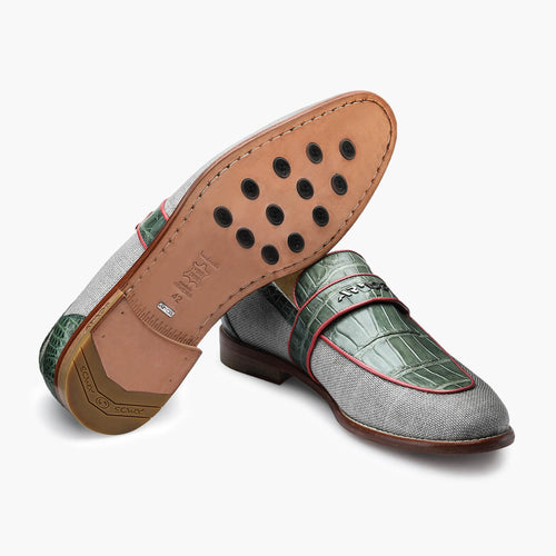 Men's Beige & Green Fiber Crocodile Loafer