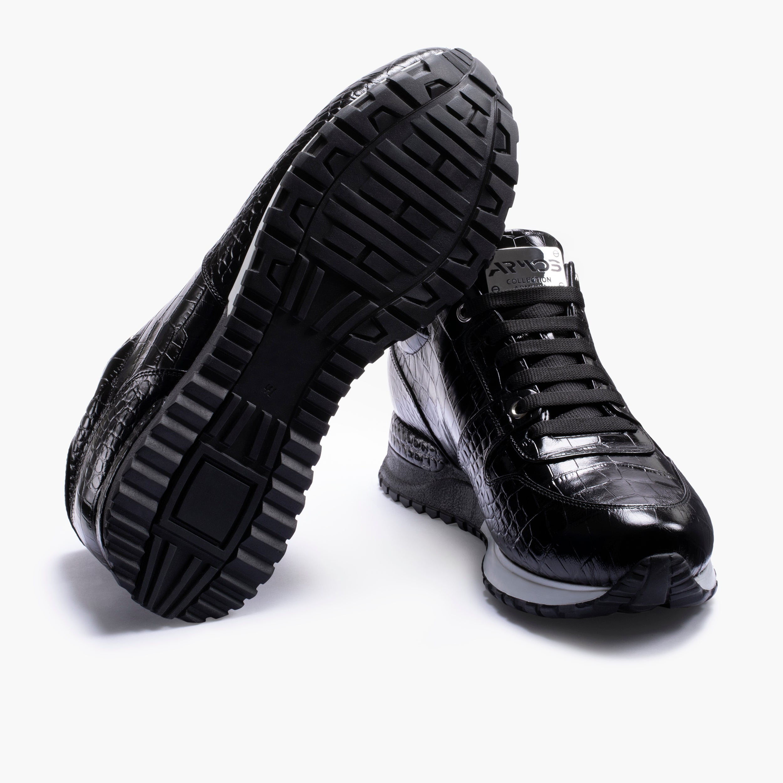 Men's Black Gloss Croc-Embossed Leather Sneakers with White