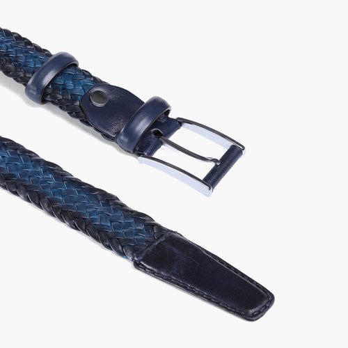 Men’s Blue Patina Braided Leather Belt - Buckle and Tip