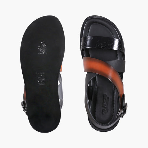 Men's Black And Brown Buckle Sandal - top and sole