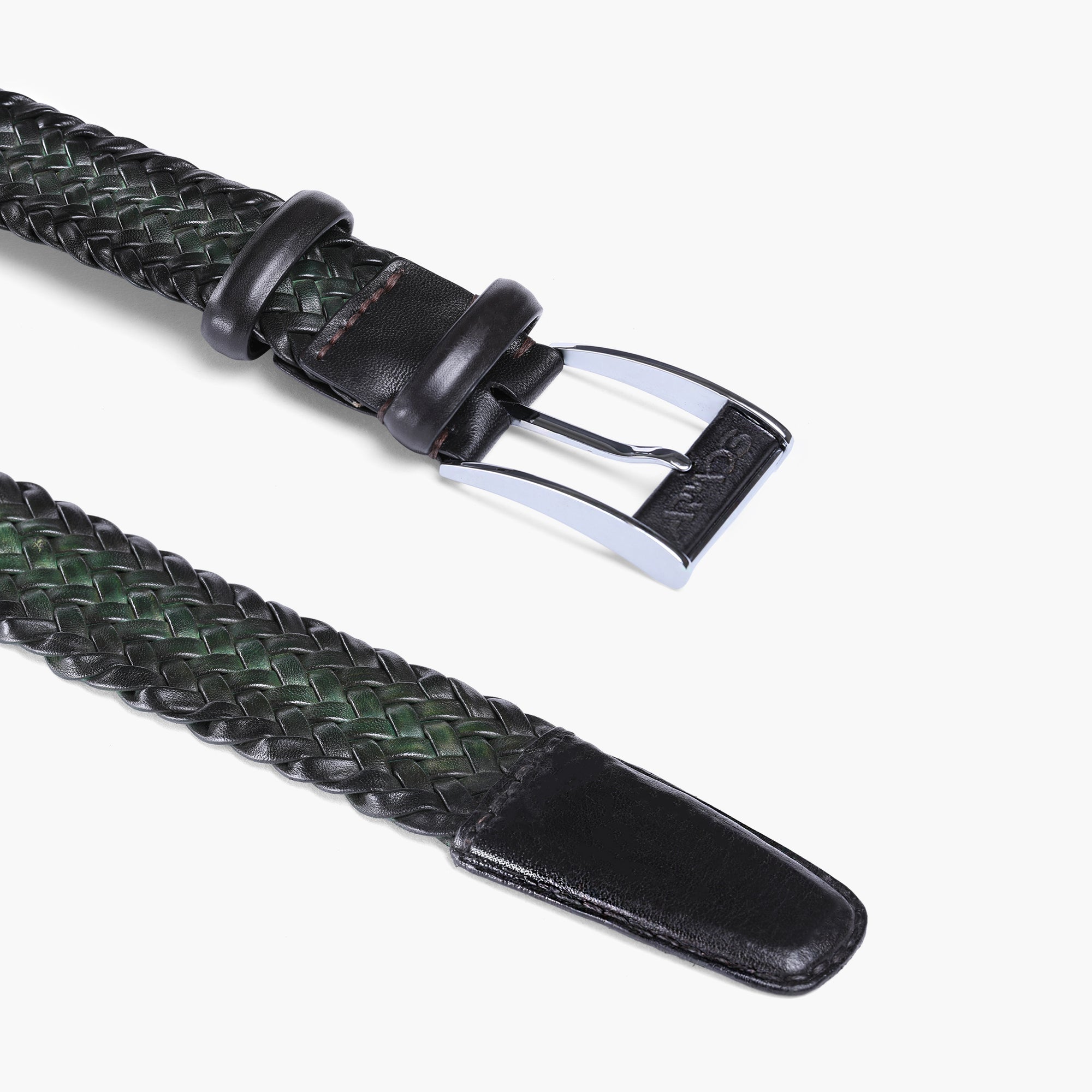 Men’s Blue Patina Braided Leather Belt - buckle and tip
