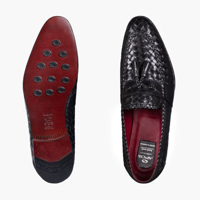Men’s Black Woven Leather Tassel Loafer