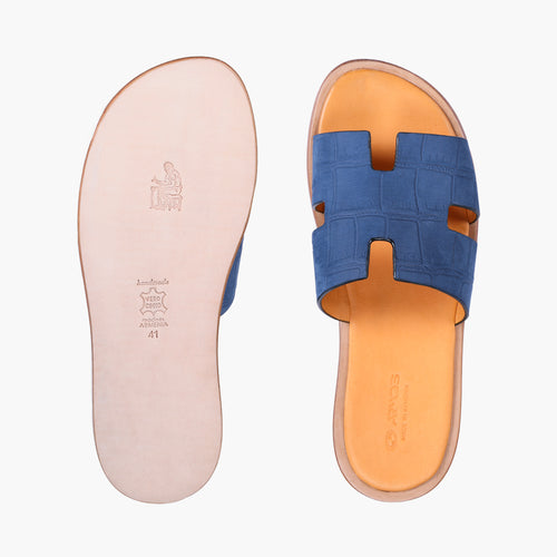 Men’s Blue Croc-Embossed Leather Slide - top  and sole