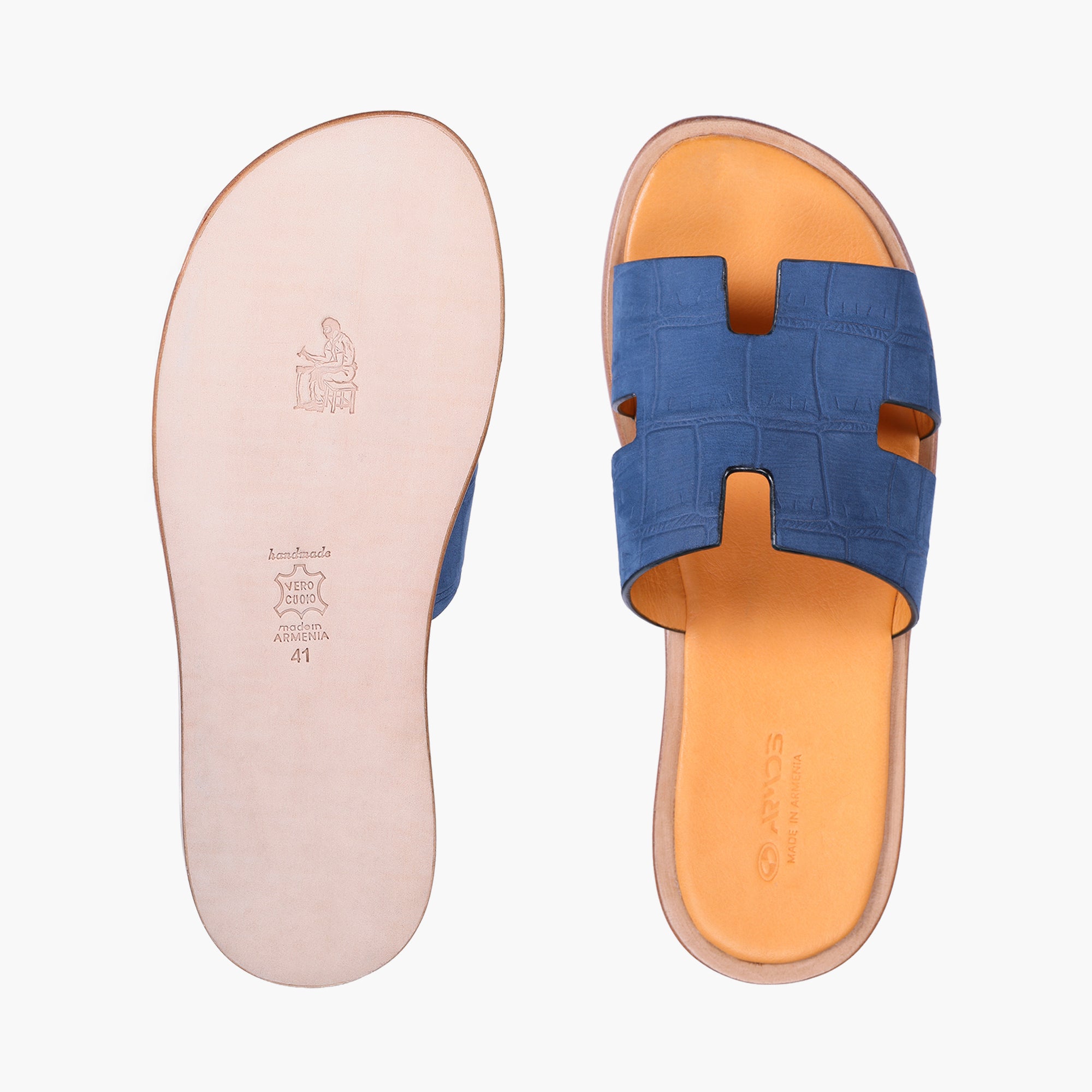 Men’s Blue Croc-Embossed Leather Slide - top  and sole