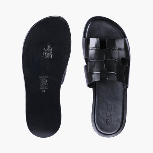 Men’s Black Croc-Embossed Leather Slide - top and sole