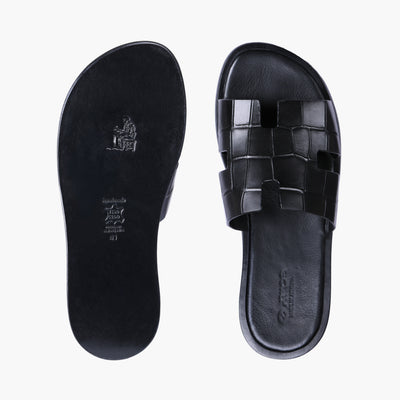 Men’s Black Croc-Embossed Leather Slide - top and sole
