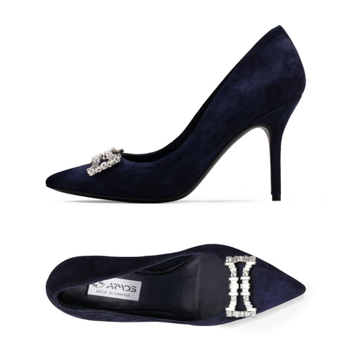 Women's Blue Suede Crystal Buckle Pump