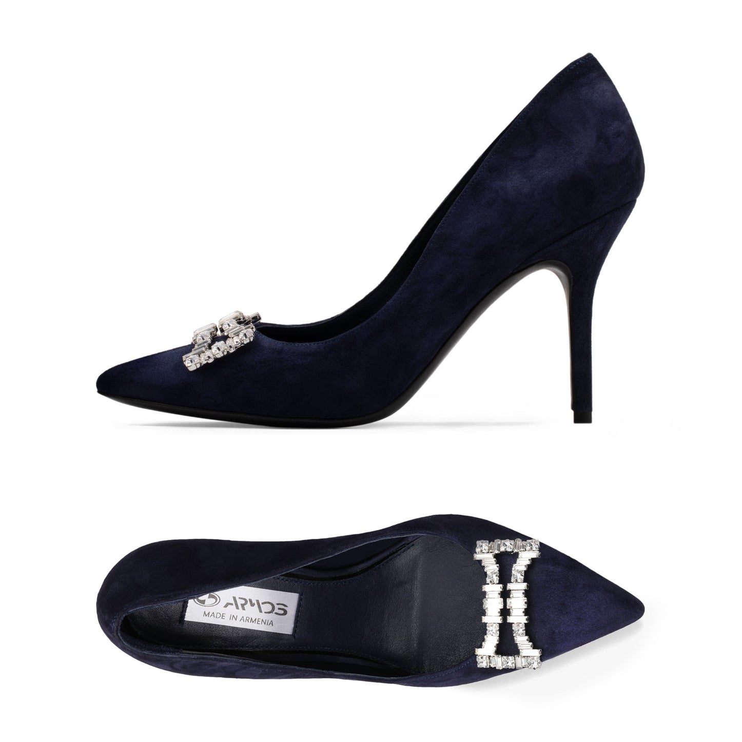 Women's Blue Suede Crystal Buckle Pump