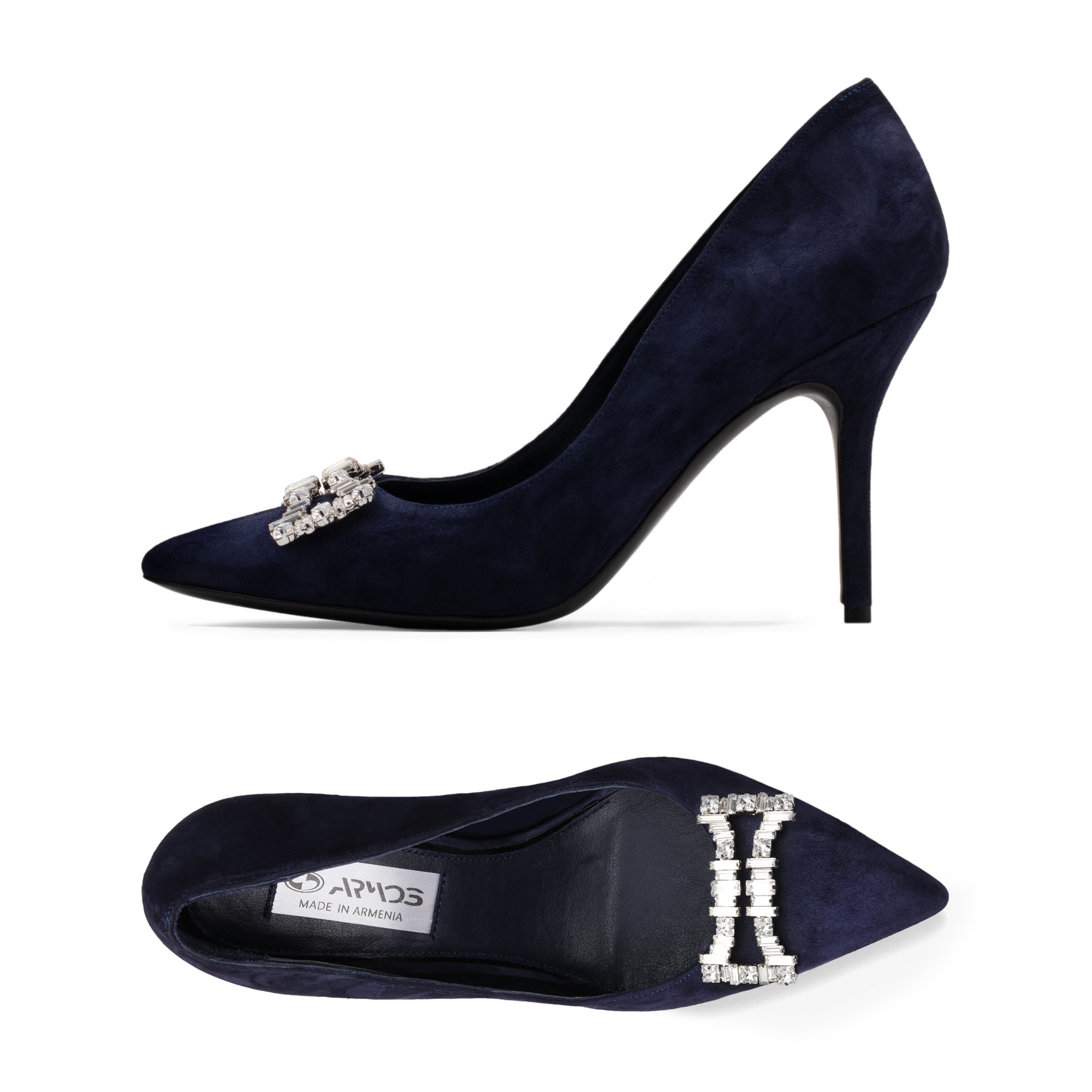 Women's Blue Suede Crystal Buckle Pump