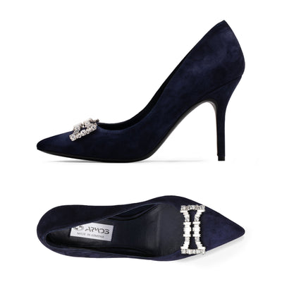 Women's Blue Suede Crystal Buckle Pump