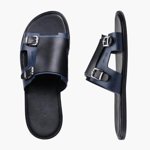 Men's Black & Blue Leather Slide Sandal