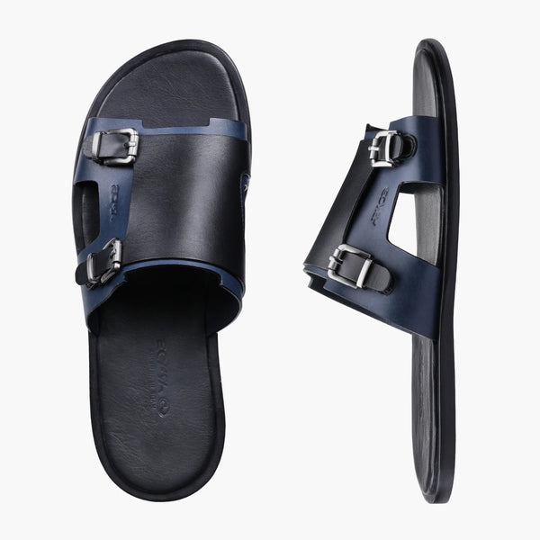 Men's Black & Blue Leather Slider Sandal