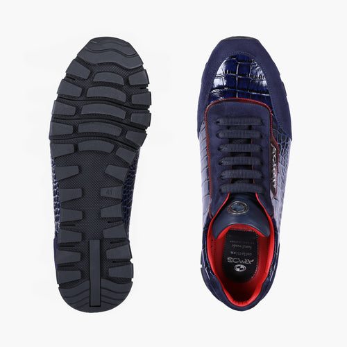 Men’s Navy Croc-Embossed Leather Sneaker - top and sole