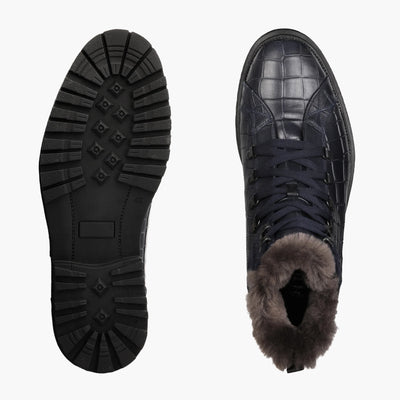 Men's Blue Croc-Print Boot with Fur Lining