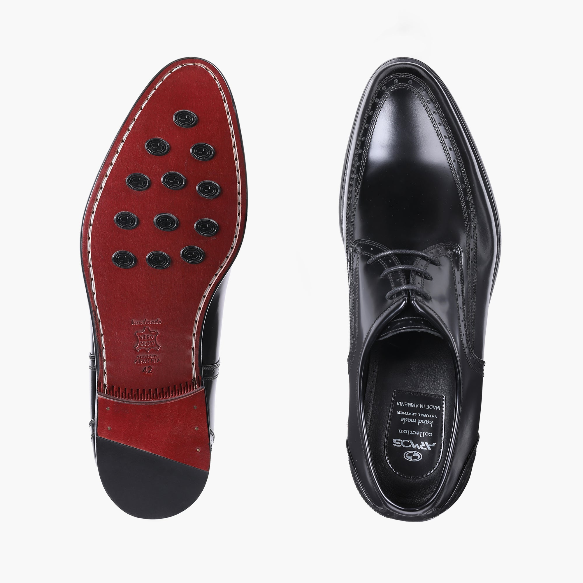 Men's Black Leather Apron-Toe Derby - top and sole