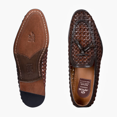 Handcrafted Men's Brown Woven Leather Tassel Loafer | Size 8.5 | ARMOS | 2-Year Warranty | Premium Materials Handcrafted Men's Brown Woven Leather Tassel Loafer | Size 8.5 | ARMOS | 2-Year Warranty | Premium Materials