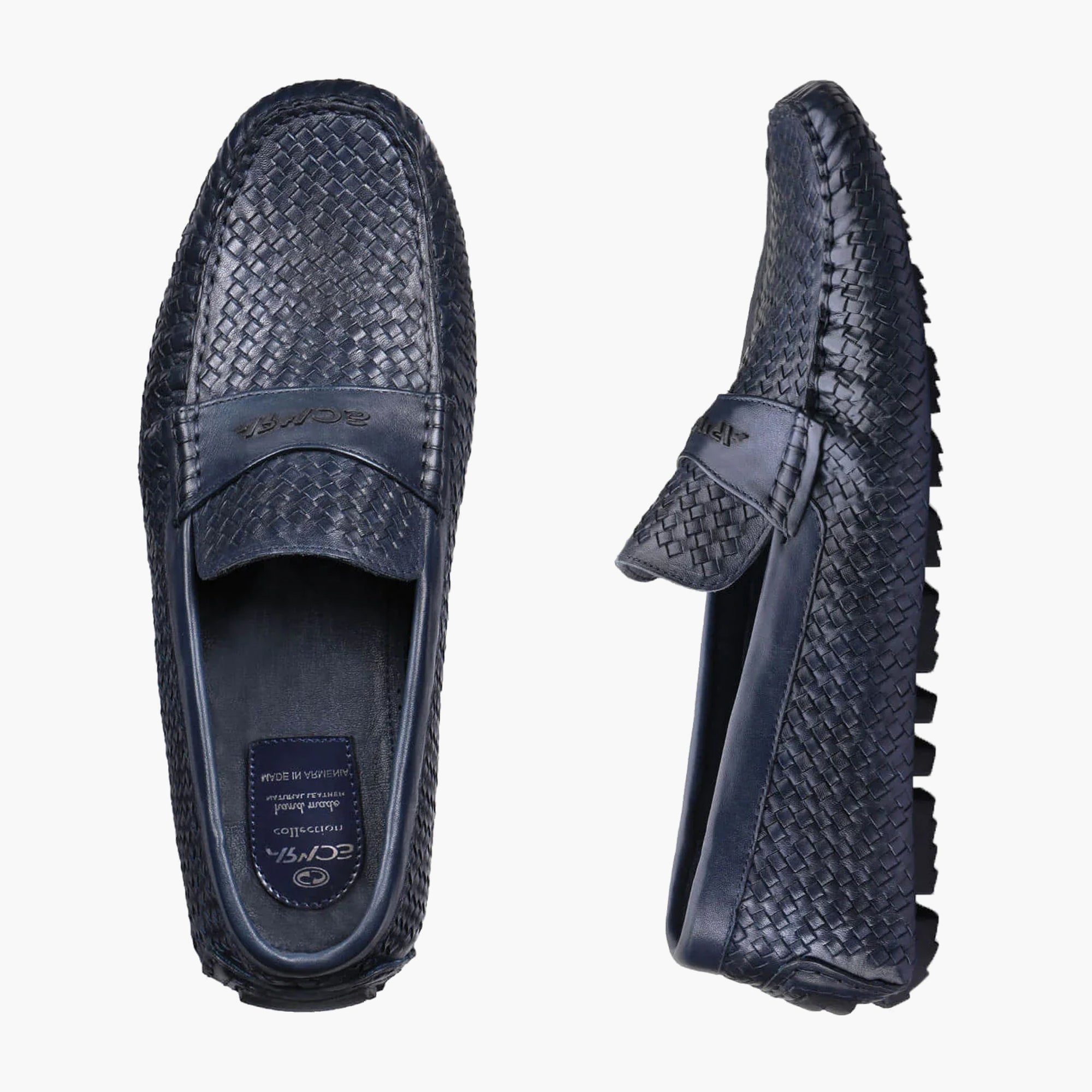 Men's Dark Blue Woven Leather Moccasin