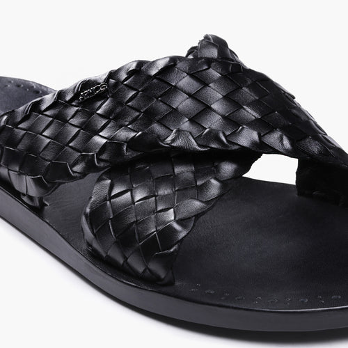Men's Black Woven Cross-Strap Slide Sandal