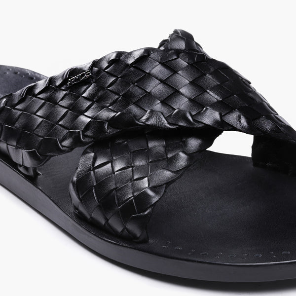 Men's Black Woven Cross-Strap Slide Sandal
