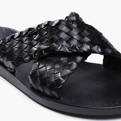 Men's Black Woven Cross-Strap Slide Sandal