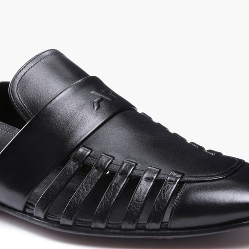 Men’s Black Leather Side-Strap Sandal - detail