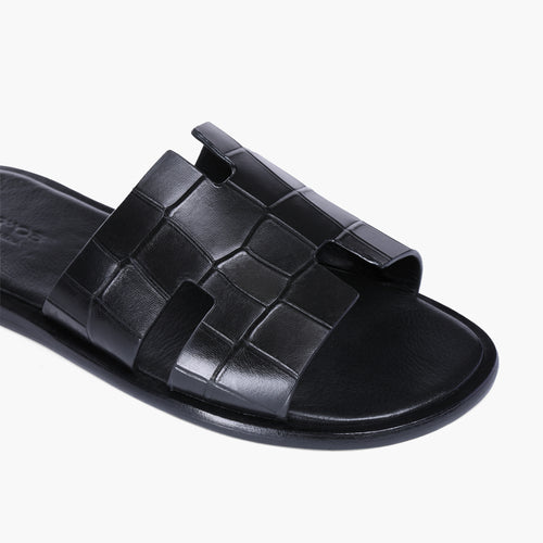 Men’s Black Croc-Embossed Leather Slide - detail