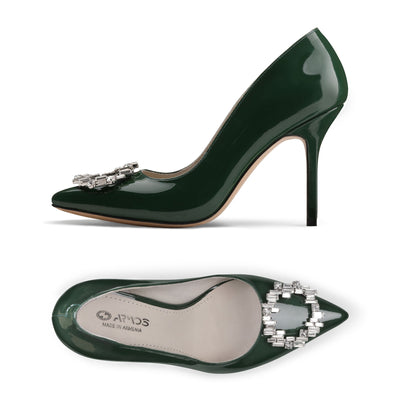 Women's Green Patent Crystal Buckle Pump