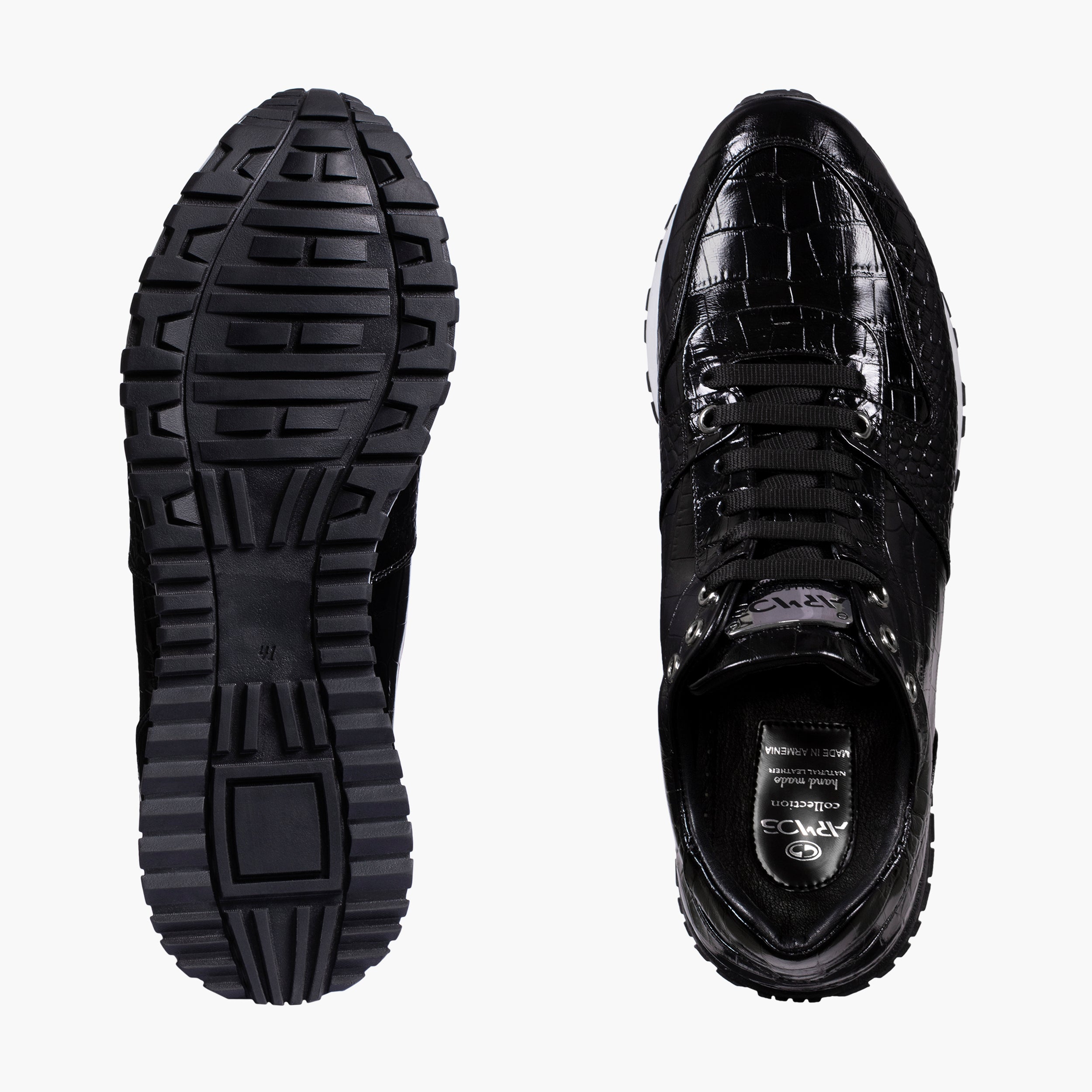 Men's Black Gloss Croc-Embossed Leather Sneakers with White