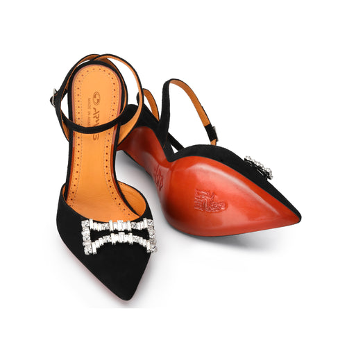 Women’s Black Suede Crystal Slingback Pump