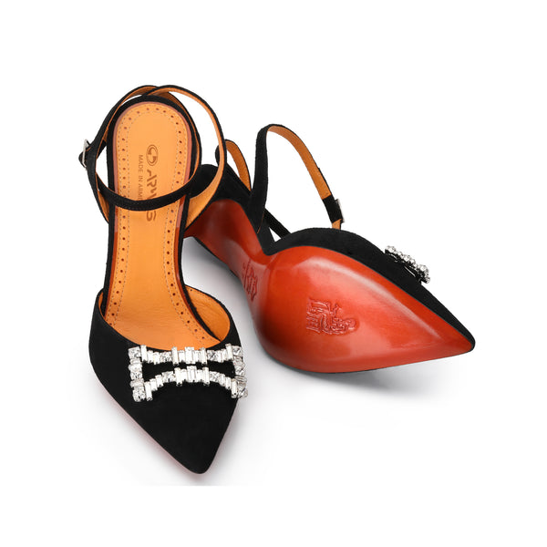 Women’s Black Suede Crystal Slingback Pump