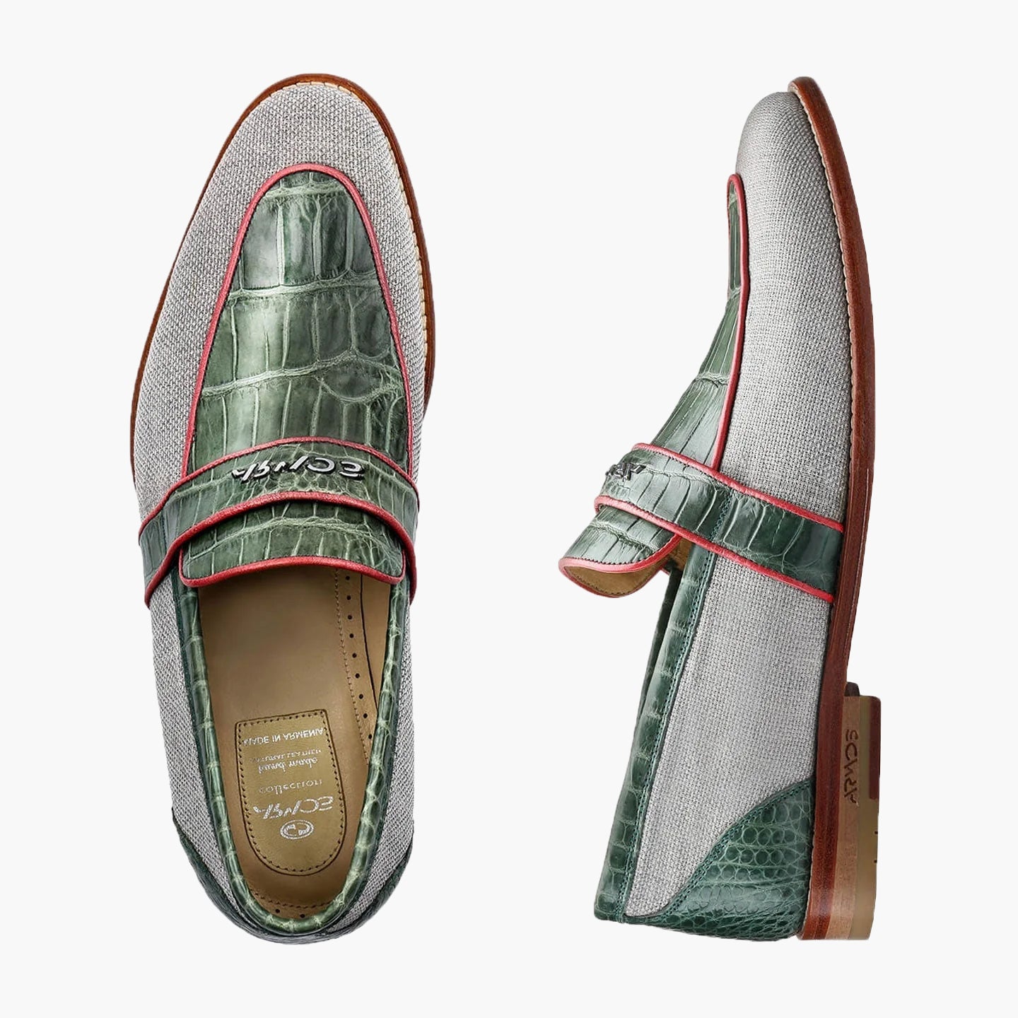 Men's Beige & Green Fiber Crocodile Loafer