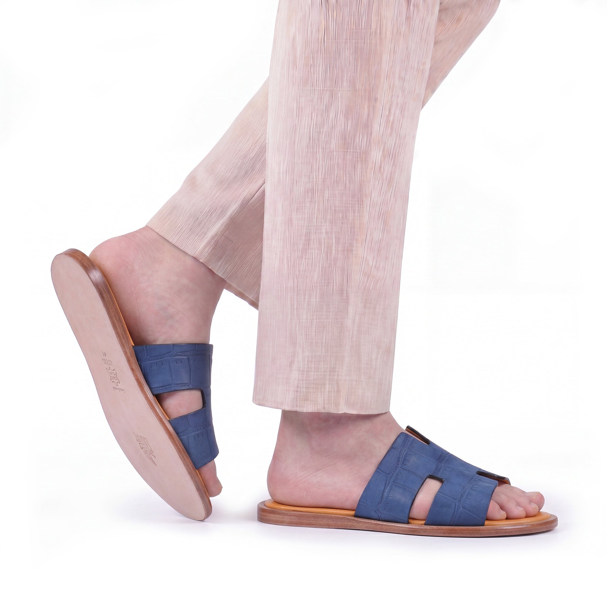 Men’s Blue Croc-Embossed Leather Slide - worn