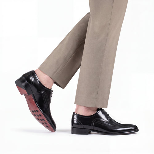 Men's Black Leather Apron-Toe Derby - worn