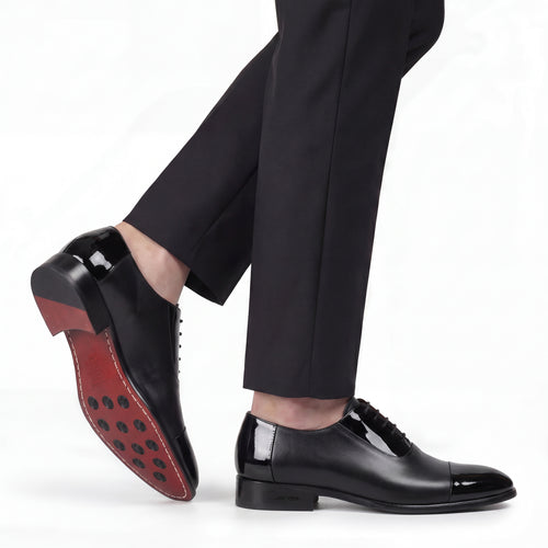 Men’s Black Patent Cap-Toe Oxford - worn