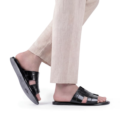 Men’s Black Croc-Embossed Leather Slide - worn