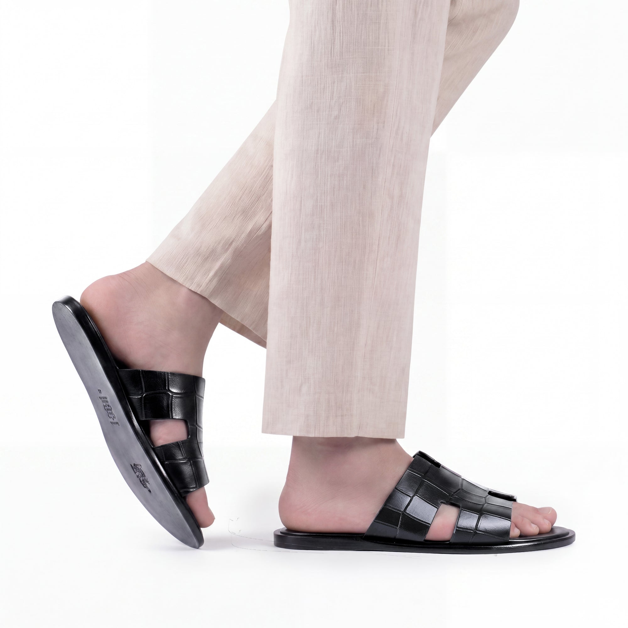 Men’s Black Croc-Embossed Leather Slide - worn